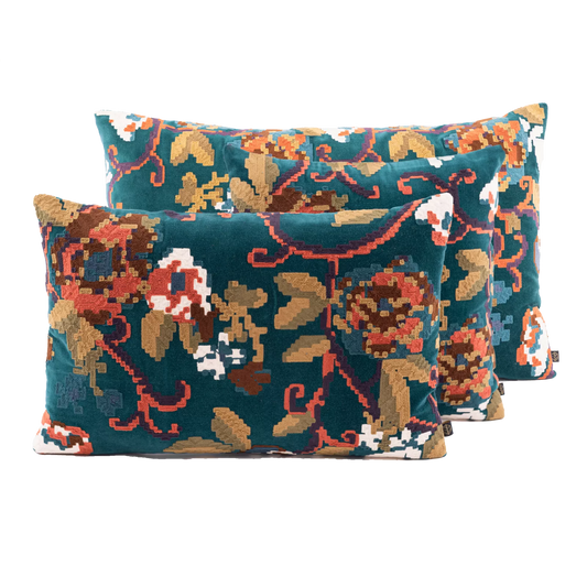 Coussin fleuri brodé en velours bleu canard 45 x 45 cm HAOMY BLEU DE PRUSSE