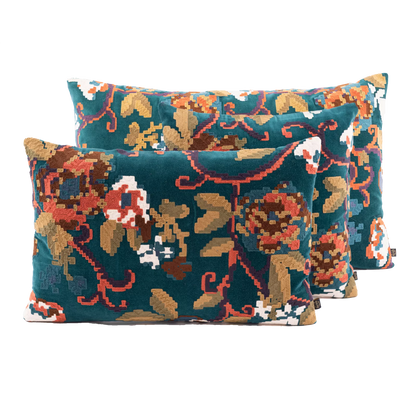 Coussin fleuri brodé en velours bleu canard 45 x 45 cm HAOMY BLEU DE PRUSSE