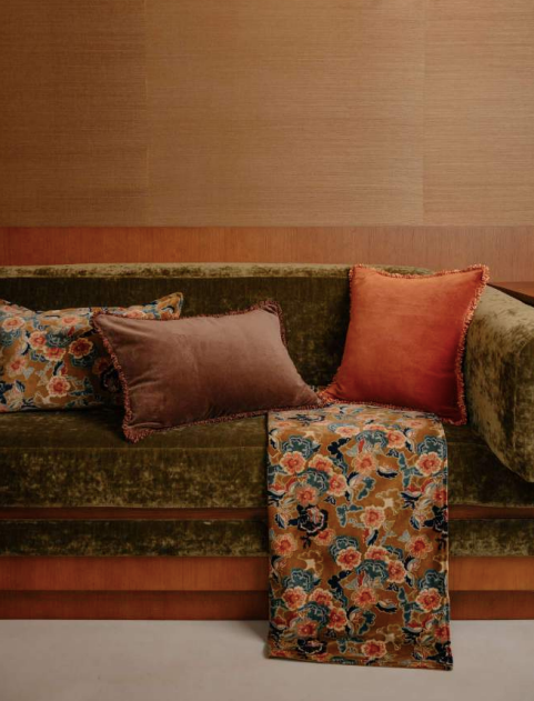 Édredon en velours imprimé fleuri 85 x 200 cm – Ocre et bleu HAOMY