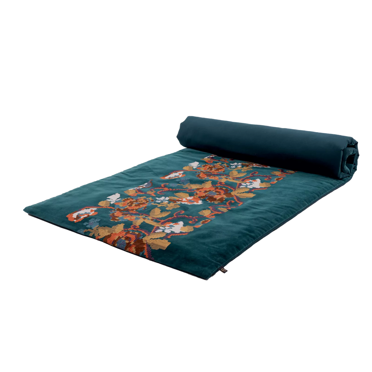Édredon en velours brodé bleu canard 85 x 200 cm – Motif floral HAOMY