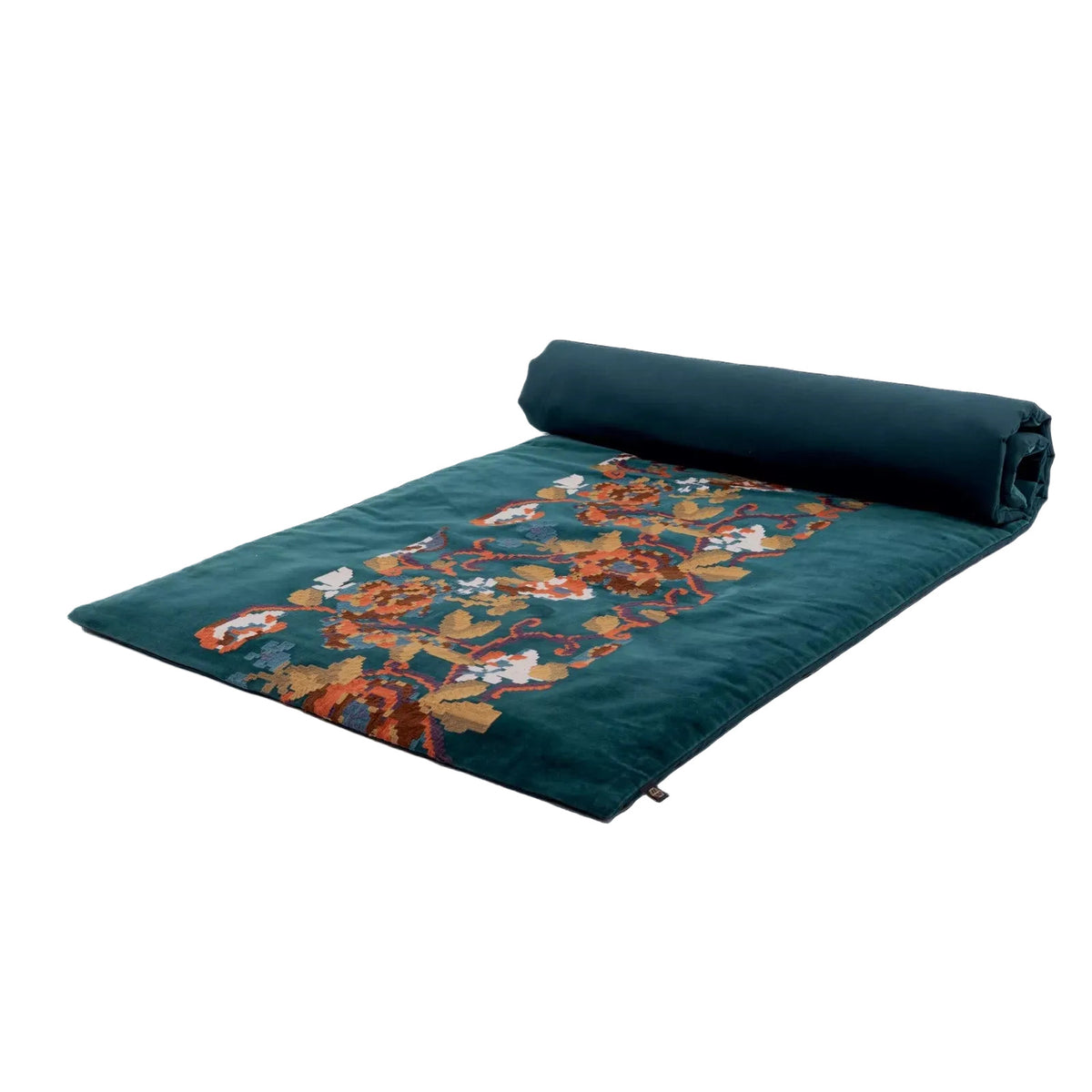 Édredon en velours brodé bleu canard 85 x 200 cm – Motif floral HAOMY BLEU DE PRUSSE
