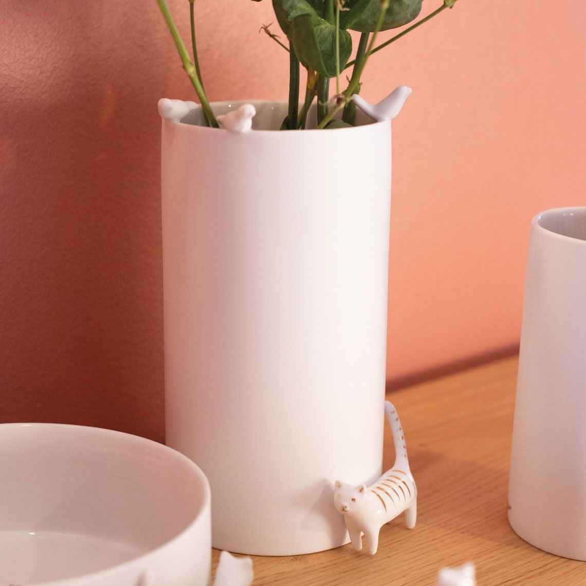VASE CHAT ET ENVOL D OISEAUX RADER